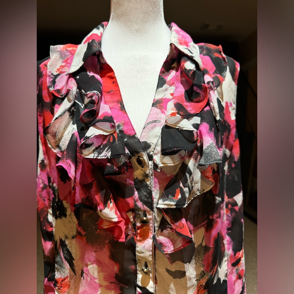 Tahari Multicolor Printed Ruffle Top Sleeveless Size XL - Picture 3 of 14